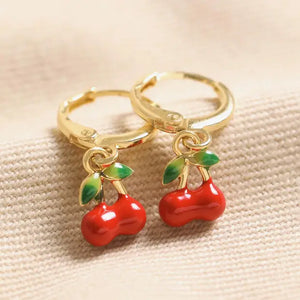 Red Cherry Enamel Charm Huggie Hoop Earrings in Gold