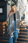 Light Multicolor Plaid Colorblock Poncho with Fringe Trim