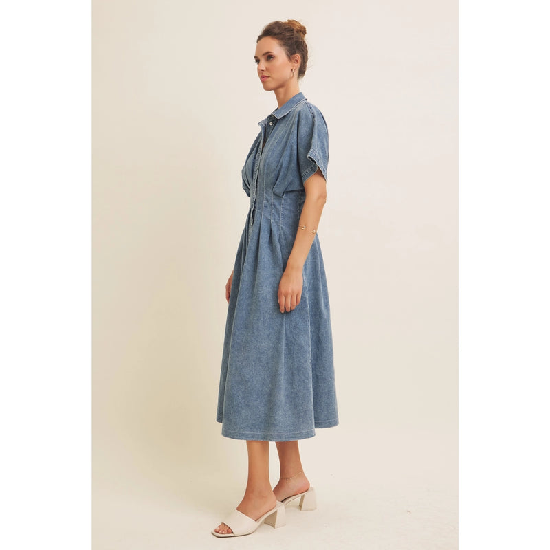 denim midi dress with sleeves Lady Black Tie - Forever Mine - Puff Sleeve it holds its shape while offering breathable comfort for daytime events and weekend outings Leena Stretchy Denim Midi Dress