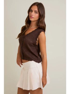 Salli Scallop Edge Button Down Sweater Vest in Dark Brown by Le Lis
