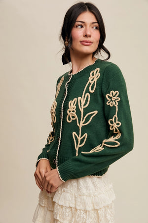 Embroidered Floral Knit Cardigan in Green