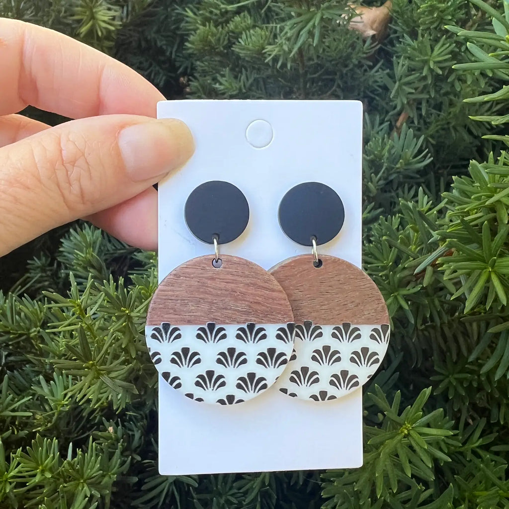 Flourish Quatrefoil Wood Disc and Acrylic Earrings