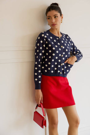 Torry Navy and White Polka Dot Sweater Cardigan