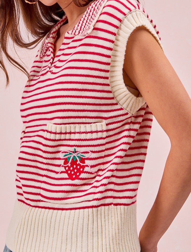 Strawberry Stripe Knit Double Pocket Knit Top