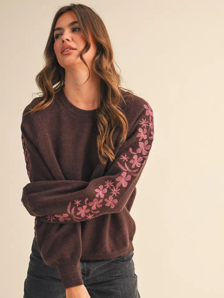 Emmy Chocolate Berry Embroidered Sleeve Sweater