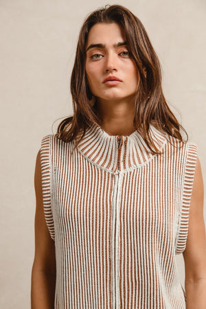 Lottie Two Tone Stripe Sweater Zip Up Vest Top