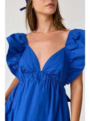 Audrey Tie-Back Ruffle Mini Dress in Cobalt Blue