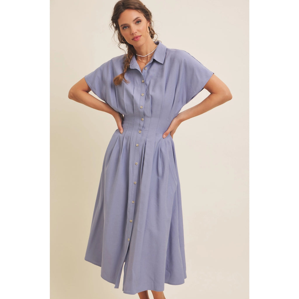 Marta Pleated Waist Button Down Flare Midi Dress In February