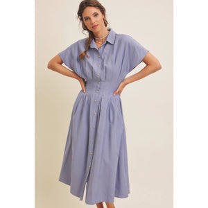 Marta Pleated Waist Button Down Flare Midi Dress In February