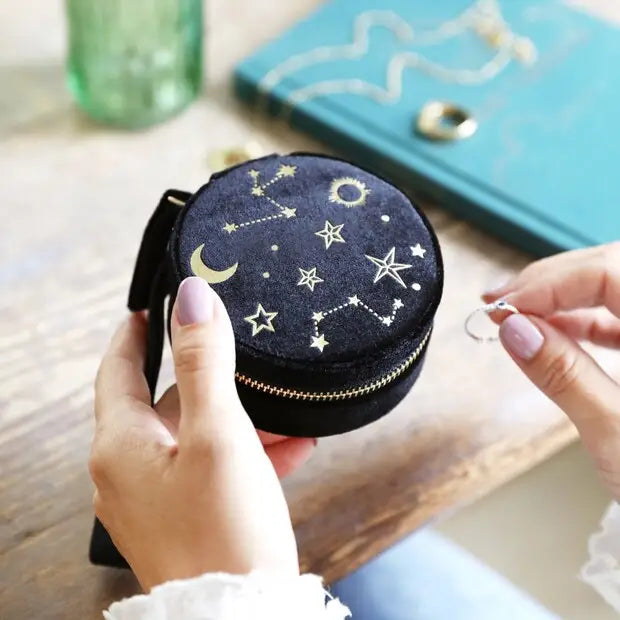 Starry Night Velvet Mini Round Jewelry Case in Black