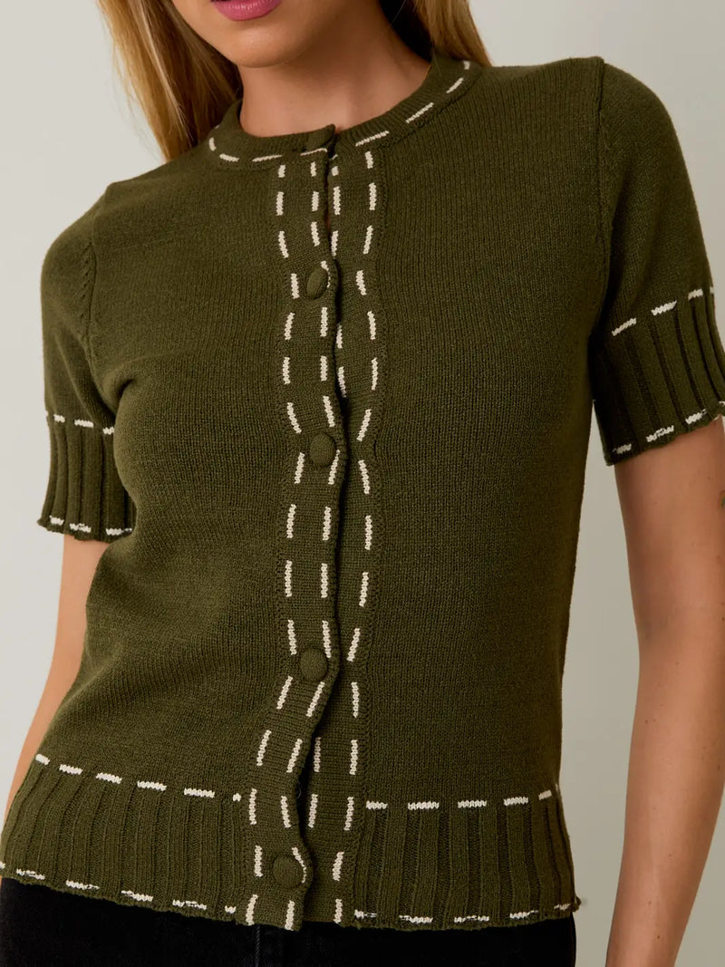 Katrina Stitch Detail Sweater Cardigan in Olive