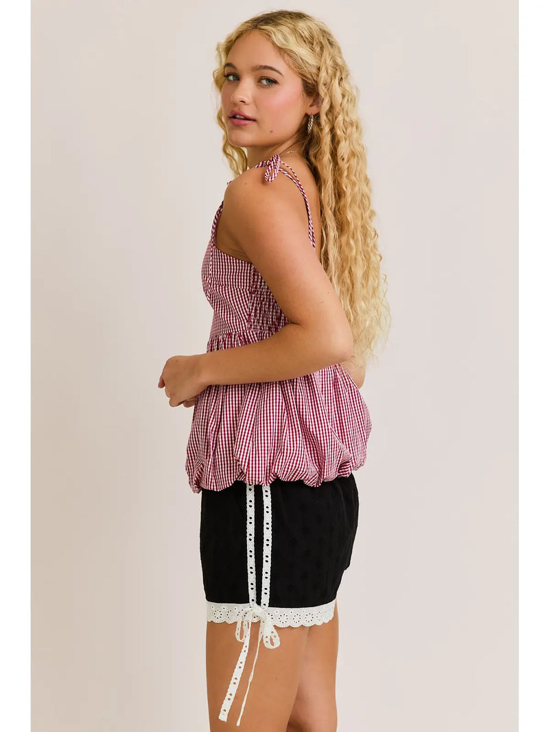 Shayla Shoulder Tie Bubble Hem Top in Red-White Gingham
