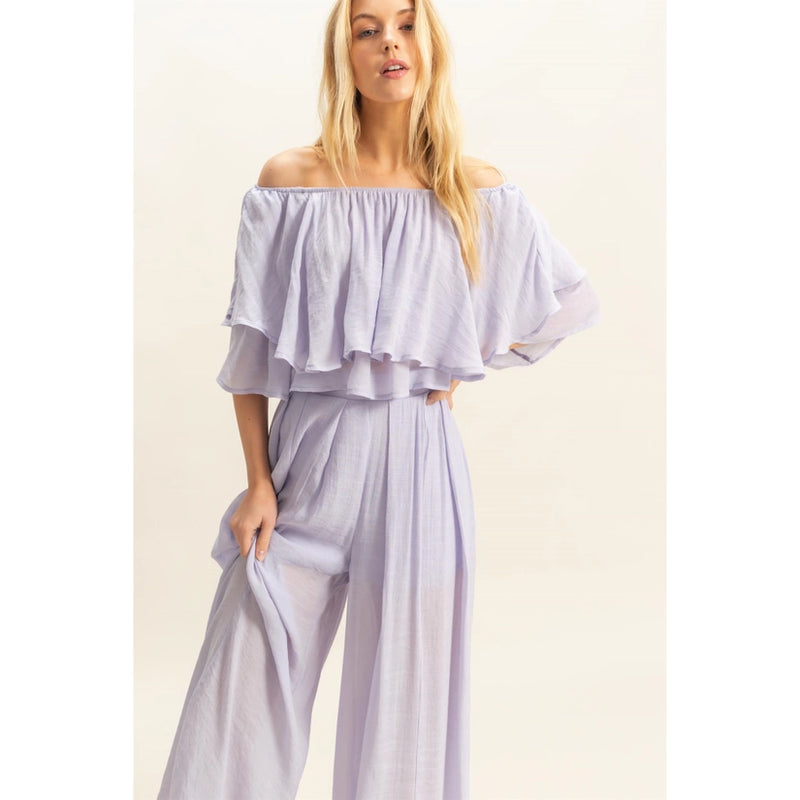 Liesel Off Shoulder Blouse and Pant Set in Lavender