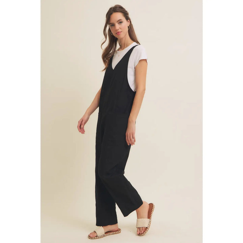 Relaxed Fit Cotton Twill Overalls With Pockets in Black