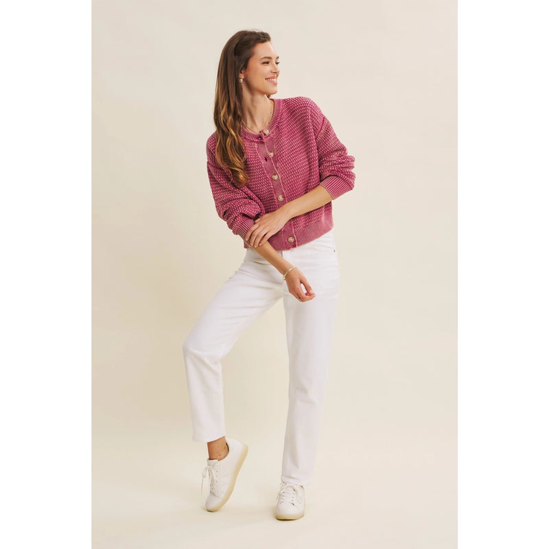Andrea Mineral Washed Cotton Cable Knit Sweater Cardigan in Fuchsia
