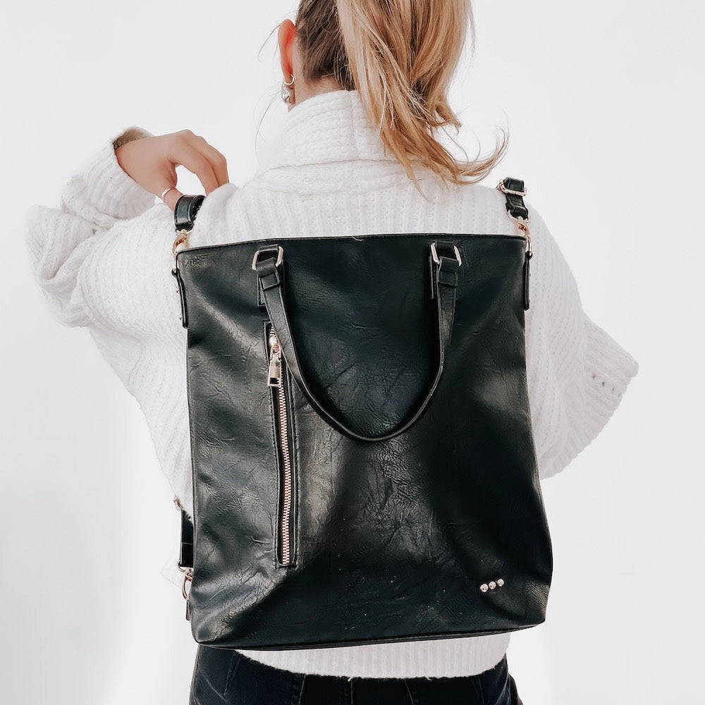Upper East Side Vegan Leather Backpack & Crossbody Tote Bag in Black