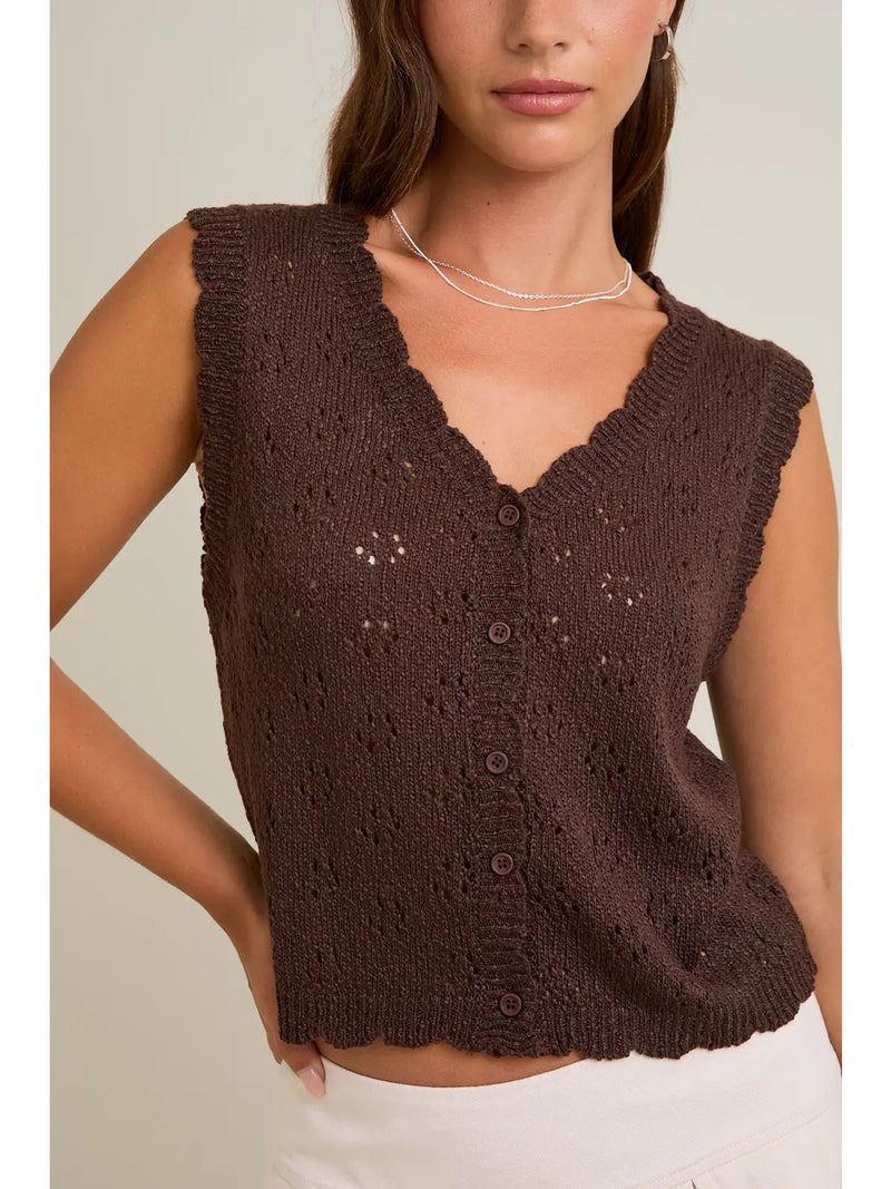 Salli Scallop Edge Button Down Sweater Vest in Dark Brown by Le Lis