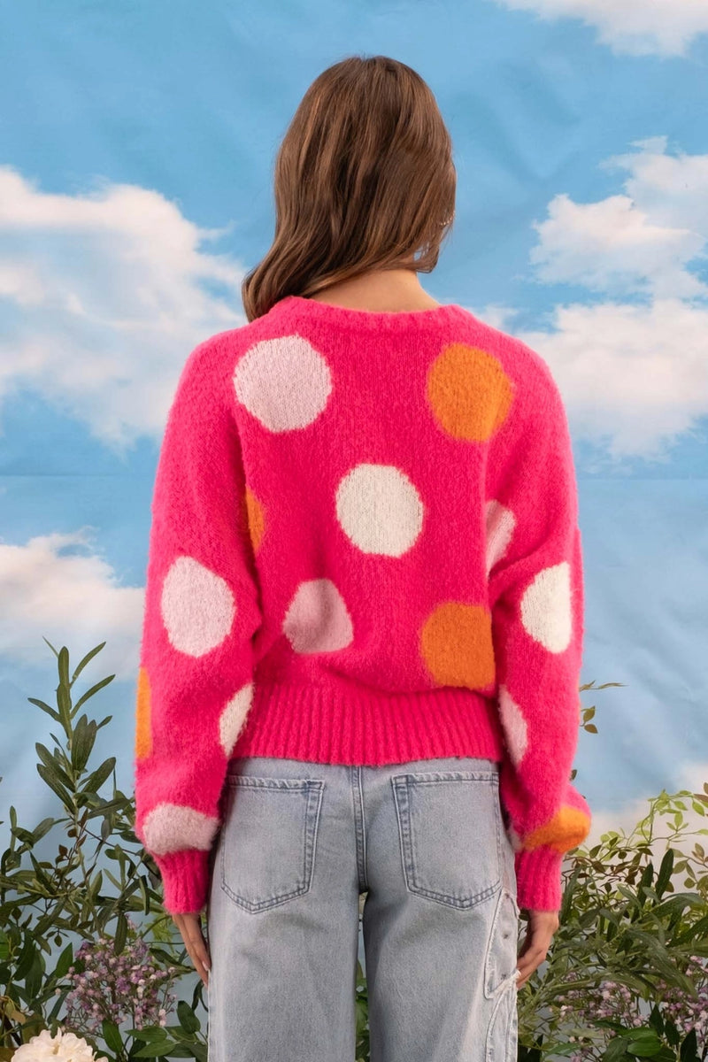 Megan Polka Dot Crewneck Sweater in Bright Pink