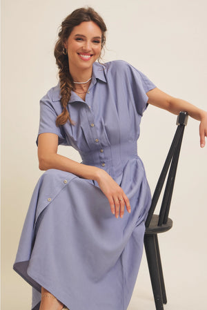 Marta Pleated Waist Button Down Flare Midi Dress In February