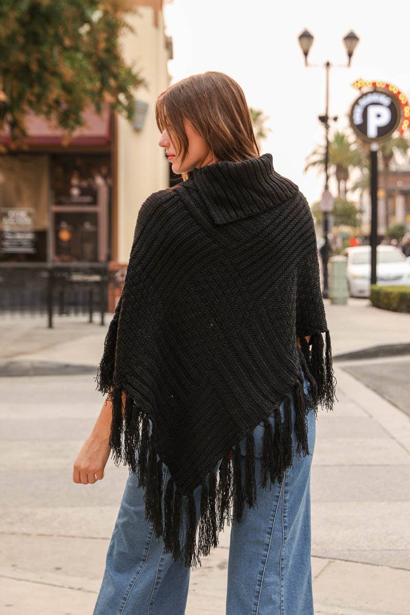 Turtleneck Cable Knit Poncho With Tassels: Black