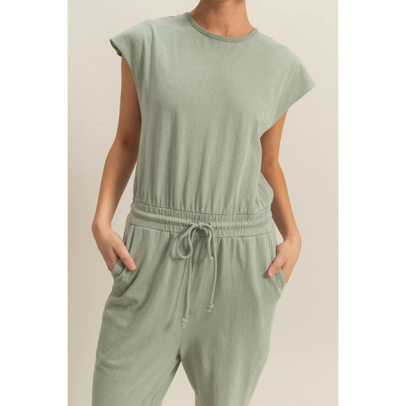 Megan Short Sleeve Casual Jumpsuit in Sage Green