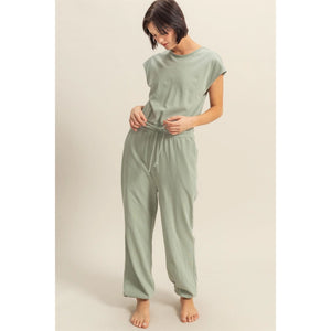 Megan Short Sleeve Casual Jumpsuit in Sage Green