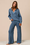 Hazel Two Tone Ribbed Collared Sweater and Pant Set in Denim/Navy