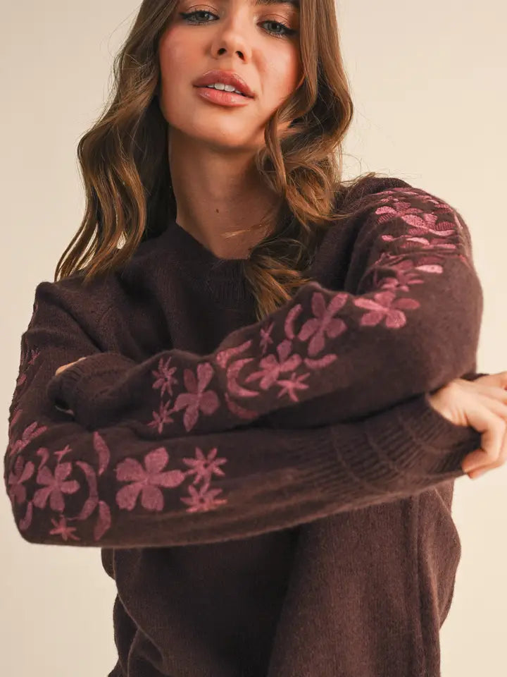 Emmy Chocolate Berry Embroidered Sleeve Sweater