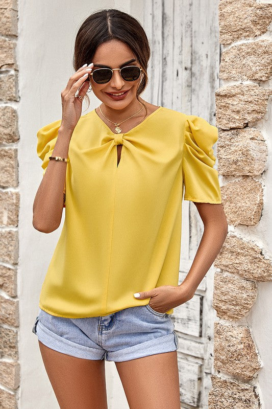 Rebecca Solid V Neck Ruffle Puff Sleeve Top in Yellow