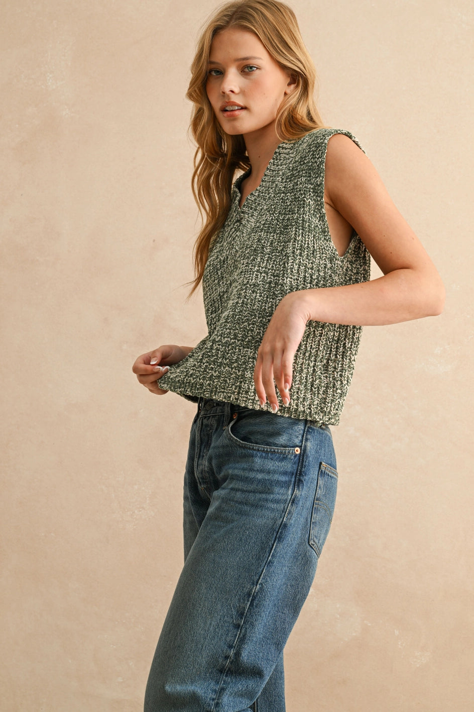 Two Tone Chenille Vest in Olive and White by Miou Muse