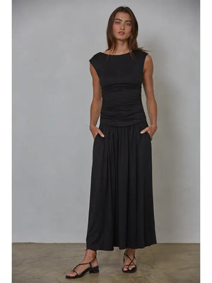 By Together Roxanne Ruched Side Sleeveless Maxi Dress in Black