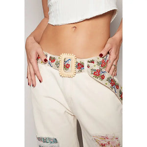 Floral Cream and Ruby Square Buckle Belt by POL