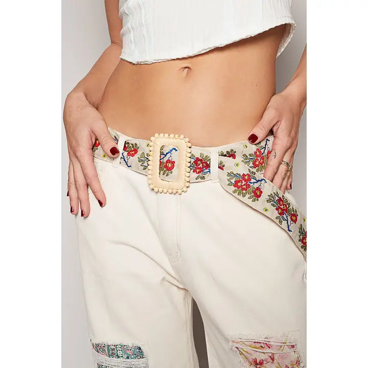 Floral Cream and Ruby Square Buckle Belt by POL