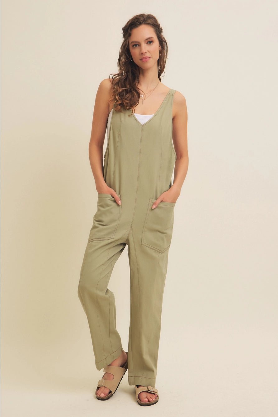 Relaxed Fit Cotton Twill Overalls With Pockets in Sage