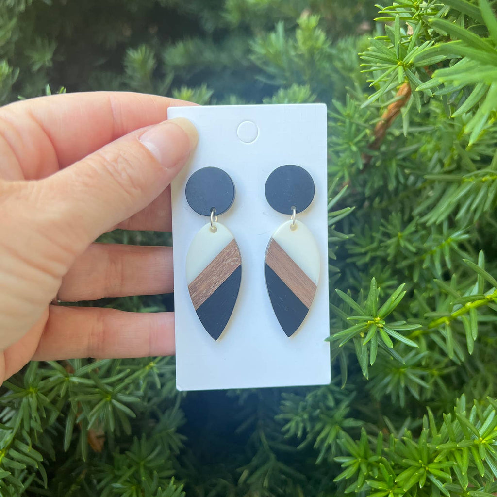 Black White Drop Acrylic Resin Wood Statement Earrings