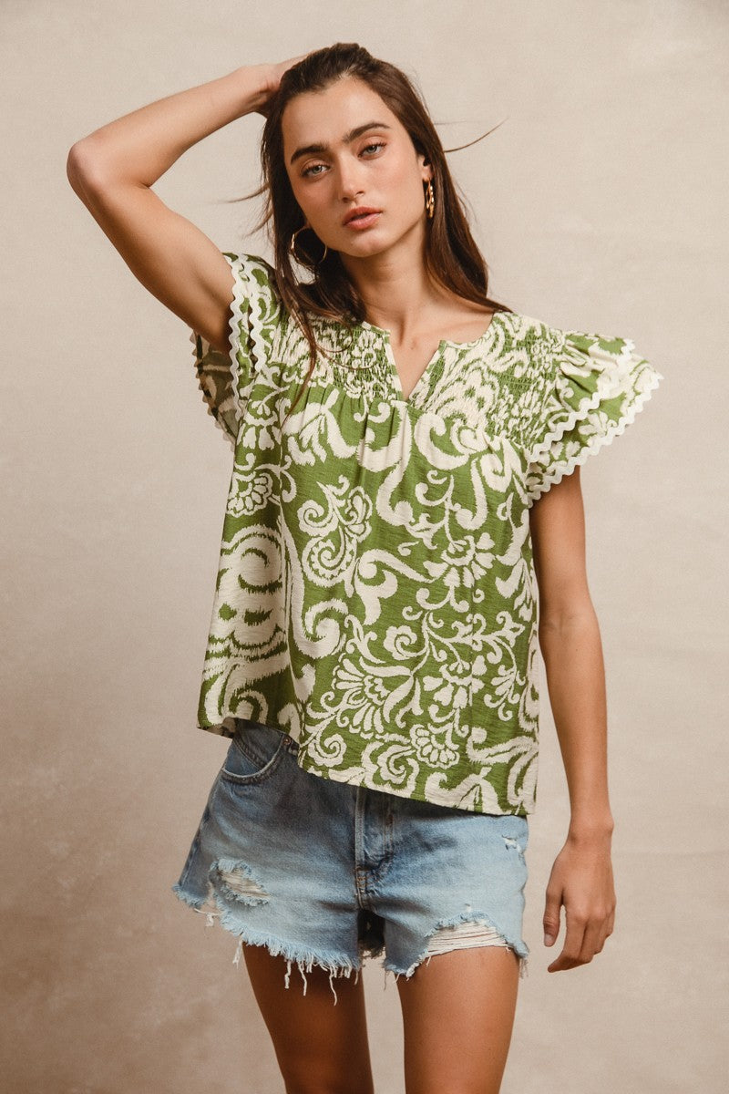 Kelly Floral Print Wave Trim Top in Moss