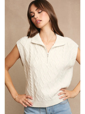 Mel Half Zipper Sleeveless Cable Knit Sweater by Le Lis