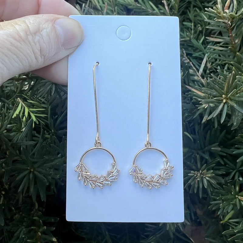 Gold CZ Wreath Dangle Metal Earrings - Handmade