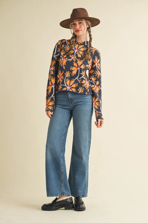 Mandy Navy Floral Mock Neck Sweater by &Merci