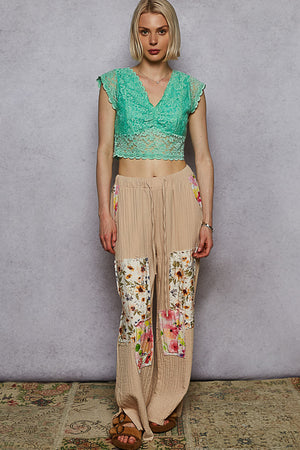 Double Gauze Contrast Floral Knee Patch Pants by POL
