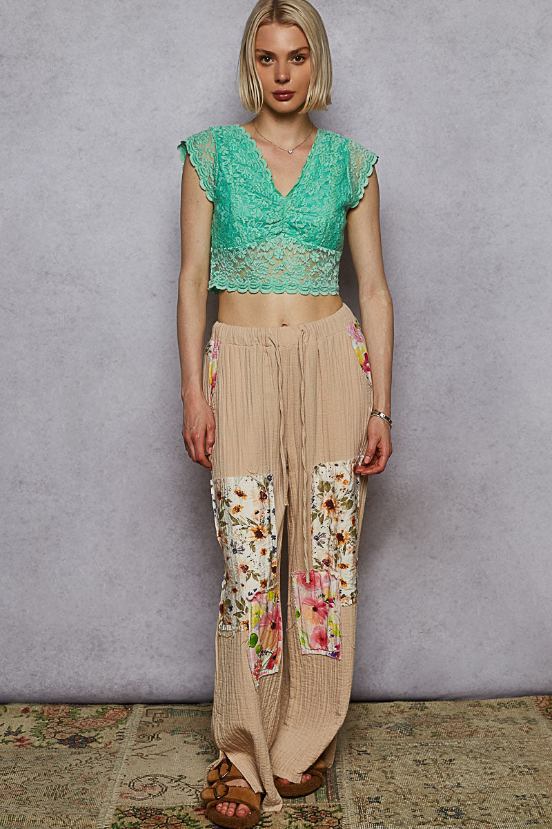 Double Gauze Contrast Floral Knee Patch Pants by POL
