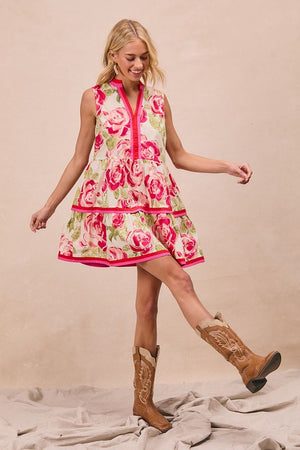 Vanessa Floral Printed Contrast Edge Sleeveless V Neck Dress