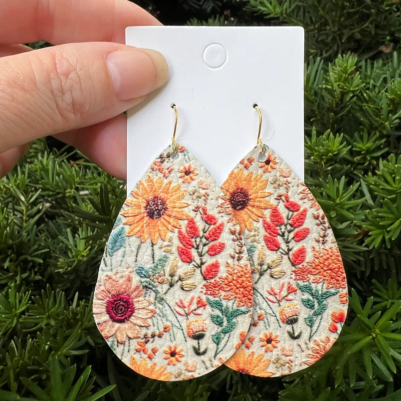 Embroidered Sunflower Floral Leather Teardrop Earrings