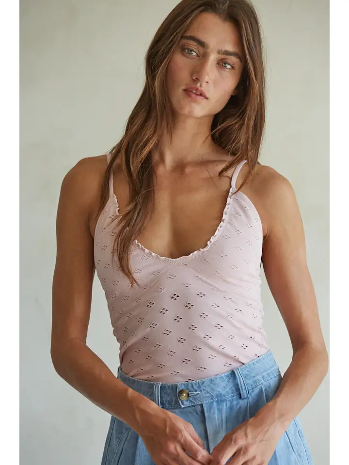 By Together Seamless Knit Eyelet Merrow Edge Cami in Ivory or Lilac