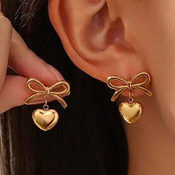 Bow Heart Earrings With Anti-Tarnish 18k Plated