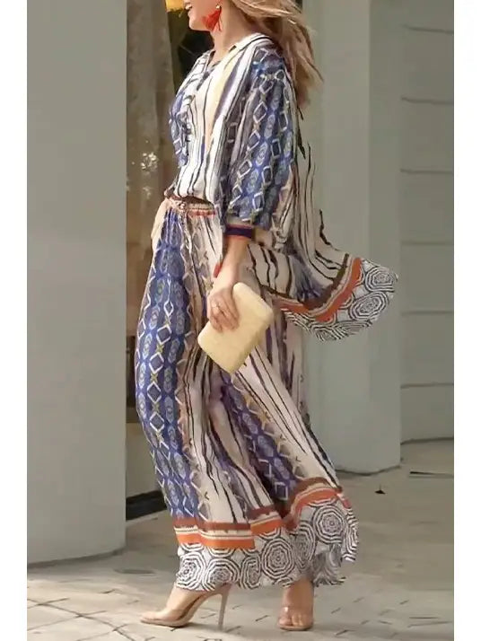 Esther Bohemian Balloon Sleeve Blouse and Wide Leg 2 Piece Set