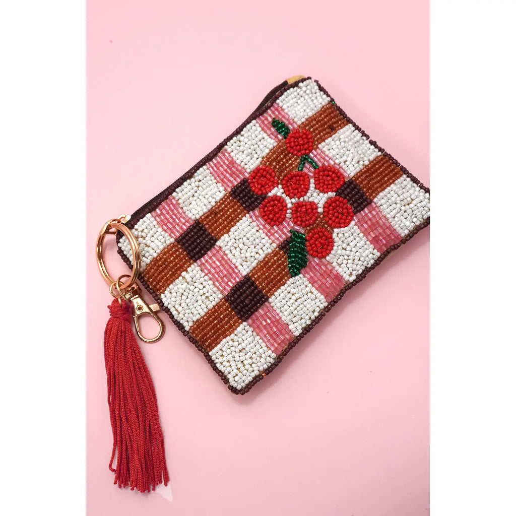 Checker Seed Bead Coin Tassel Purse With Cherry