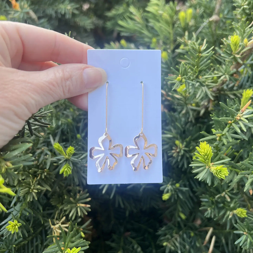 Rose Gold Metal Flower Long Drop Earrings