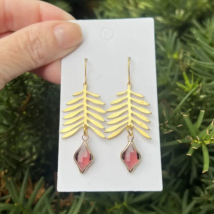 Gold Leaf Crystal Drop Maroon Earrings