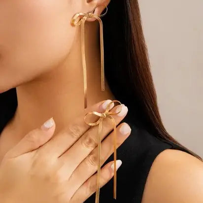 Gold Bow Chain Statement Earrings